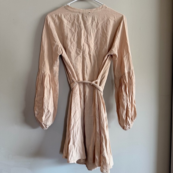 Aakaa Linen Blend Beige Button-Up Belted Tie Waist Long Sleeve Dress Small NWT - Picture 4 of 5